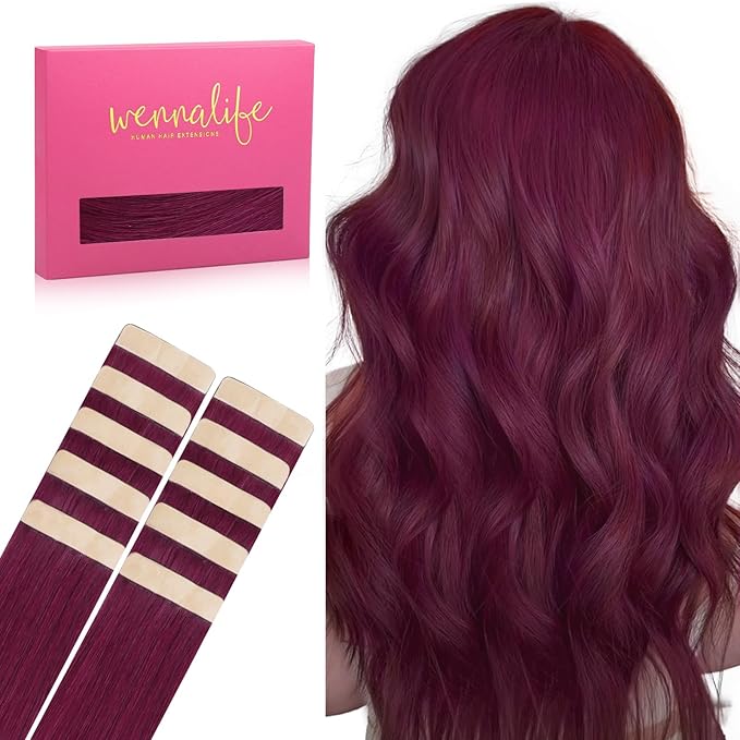 WENNALIFE Tape in Hair Extensions Human Hair Light Burgundy Tape in Extensions, 10pcs 20g 12 inch Remy Invisible Tape Ins Straight Colored Soft Real Human Hair Refill Set