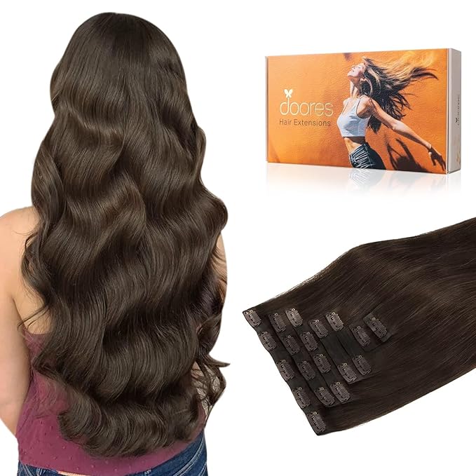 DOORES Seamless Clip in Hair Extensions, Light Dark Brown 130g 7pcs 16 Inch, Thick Invisible Edge Clip in Hair Extensions Straight Natural Weft for Women