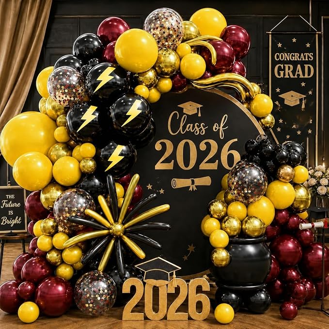 144PC Magic Balloons Arch Kit, Burgundy Black Gold Balloon Garland by Jobkoo