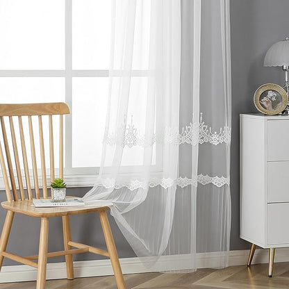 White Sheer Voile Curtains White Embossed European 54Wx96L Inch | Light by VISIONTEX