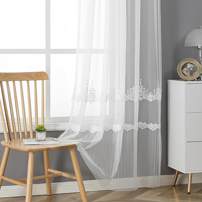 White Sheer Voile Curtains White Embossed European 54Wx84L Inch | Light by VISIONTEX
