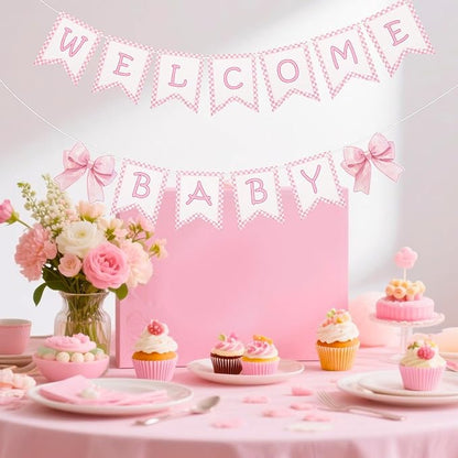2pcs Welcome Baby Banner, Pre-Strung Pink Bow Welcome Baby Sign Hanging Banner - Image 3