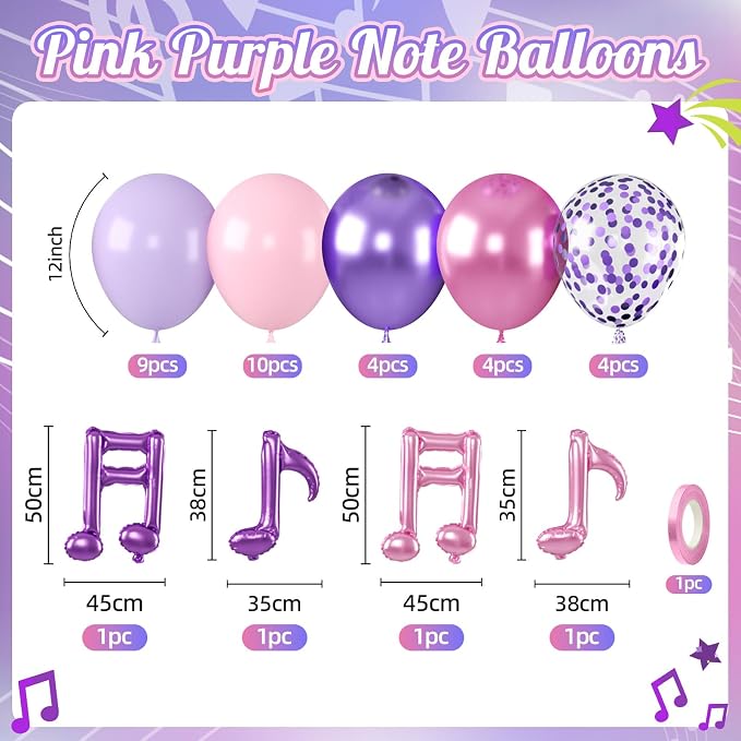 Pink and Purple Balloons, Music Note Balloon Foil, 12 Inch Metallic Pastel - Image 2