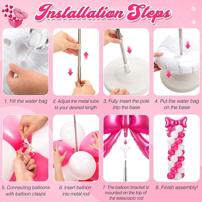 2 Sets Hot Pink White Bow Balloon Column Stand Kit Includes 2 Bows & 100 Latex - Image 4