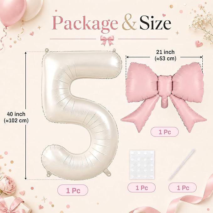 40 Inch Beige Number 5 with Pink Bow Balloons, Giant Self Inflating Cream Foil - Image 2