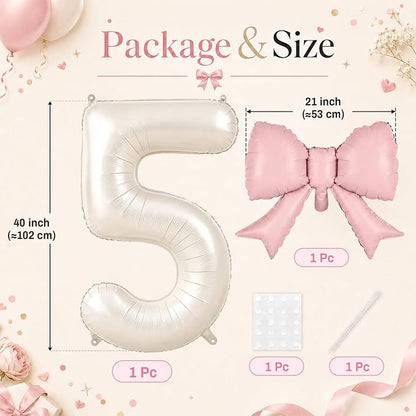 40 Inch Beige Number 5 with Pink Bow Balloons, Giant Self Inflating Cream Foil - Image 2