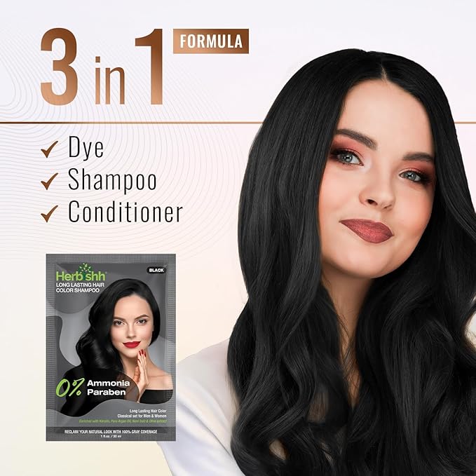 Herbishh Travel Pack Hair Dye Color Shampoo in Sachet + 1pc Argan Hair Mask Sachet (Black, 1 sachet)