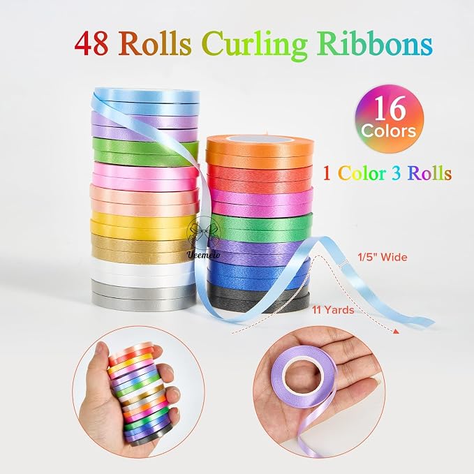 48 Rolls Curling Ribbon Balloon Curling Ribbons Set, Veemeio 16 Colors 3/16 - Image 3