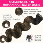 Lashey Seamless Clip in Hair Extensions Human Hair 130g 9pcs 16 Inch Body Wave Natural Black Mixed Chestnut Brown Clip in Hair Extensions for Women