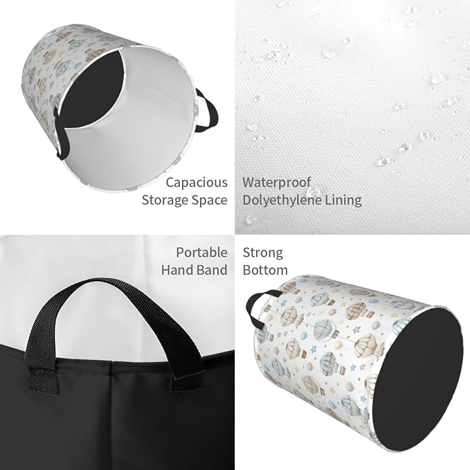 Watercolor Hot Air Balloon Round Laundry Hamper Storage Basket Toys Clothes - Image 3