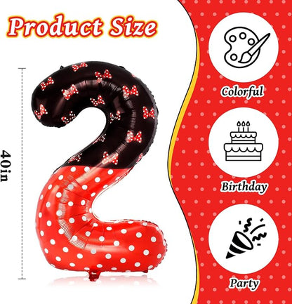 40 Inch Red Cartoon Mouse Number 2 Balloon, Birthday Party Decorations | Black - Image 3