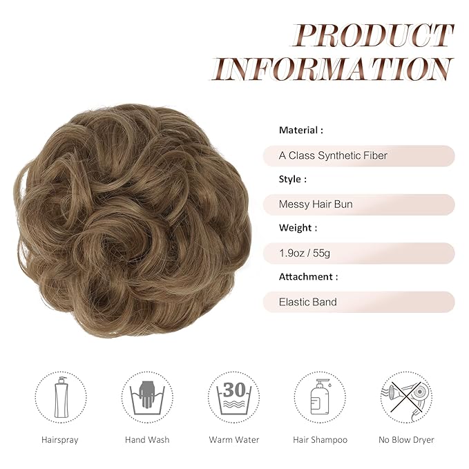 FESHFEN Messy Bun Hair Piece - Large Elastic Wavy Curly Hair Bun Scrunchies Ponytail Extensions Synthetic Chignon Hairpieces for Women, Light Brown mix Natural Blonde 1.94oz
