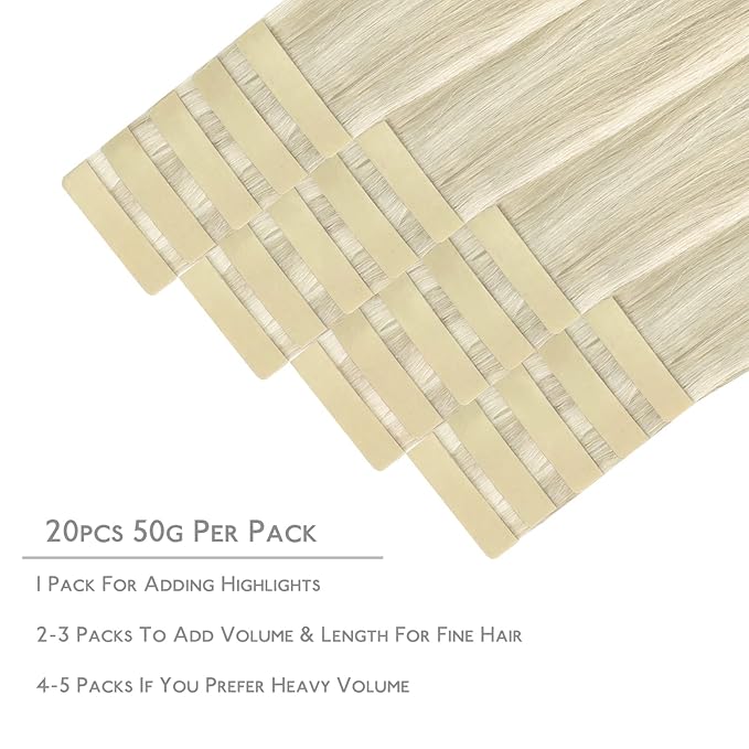 WENNALIFE Tape in Hair Extensions Human Hair, 20pcs 60g 26 inch Ash Blonde Highlighted Platinum Blonde Remy Hair Extensions Straight Human Hair Tape in Extensions Skin Weft Tape Extensions Human Hair