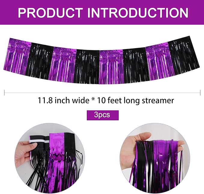 BEISHIDA Black Purple Fringe Garland Banner 30ft Wall Tinsel Foil Streamers | - Image 3