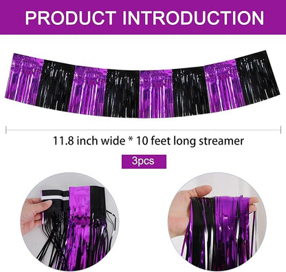 BEISHIDA Black Purple Fringe Garland Banner 30ft Wall Tinsel Foil Streamers | - Image 3