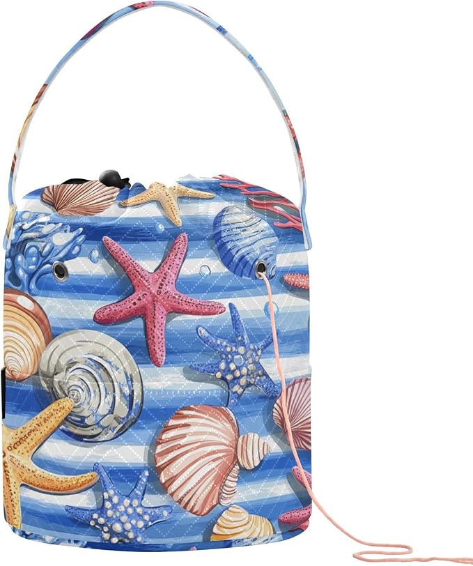 Blue Striped Starfishes Seashells Corals Yarn Bag Small Crochet Bag Drawstring by Tatenale