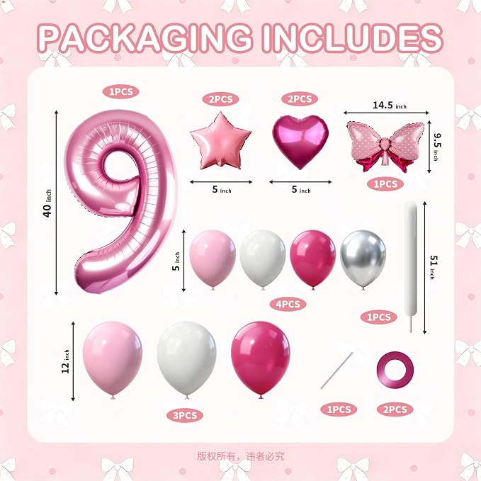 40 Inch Pink Number 9 Balloon Tower Set, Pastel Number Nine Foil Balloon - Image 2