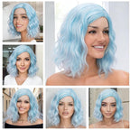 BUFASHION 14" Women Short Blue Kinky Straight Cosplay Synthetic Wigs With Air Bangs 46 Colors Available (blue 2)