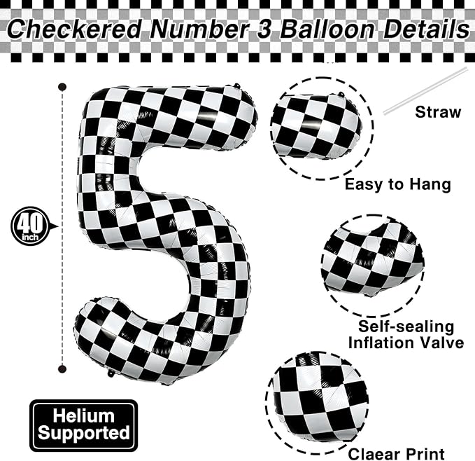 40 Inch Checkered Number 5 Balloon, Large Foil Black and White Number Balloon - Image 4