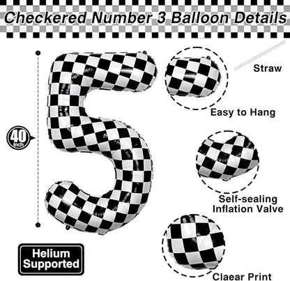 40 Inch Checkered Number 5 Balloon, Large Foil Black and White Number Balloon - Image 4