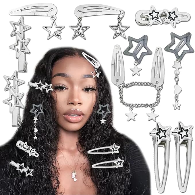 10PCS Star Hair Clips Silver Hair Clips Metal Star Barrettes 8 Shapes Pentagram Hair Snap Clips Punk Kawaii 2000s Hair Accessories for Women