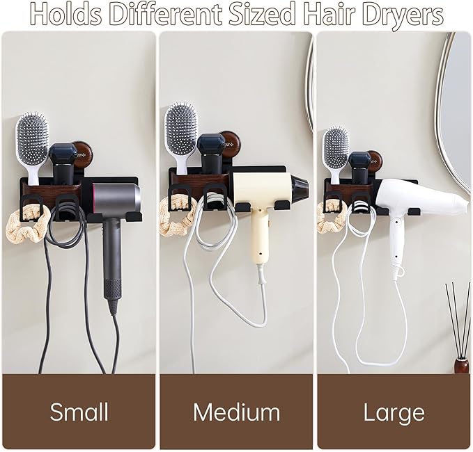 Hair Dryer Holder Wall Mount with Suction Cup, No-Drill Metal Blow Dryer Holder, Hair Accessories Tools Organizer Rack with 3 Toothbrush Hanger & Shelf, Walnut Finish for Bathroom