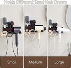 Hair Dryer Holder Wall Mount with Suction Cup, No-Drill Metal Blow Dryer Holder, Hair Accessories Tools Organizer Rack with 3 Toothbrush Hanger & Shelf, Walnut Finish for Bathroom