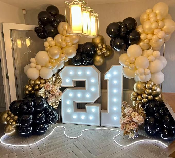 Black Gold White Balloon Arch Kit, Double Stuffed Pearl Sand White Black Chrome - Image 4