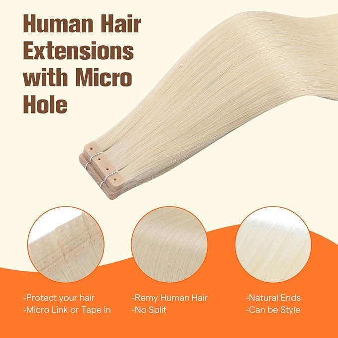 Full Shine Invisible Tape in Hair Extensions Human Hair Color 60 Bleach Blonde 20Inch Blonde Human Hair Tape in 20PCS 50G Holed Tape in Extensions PU Weft for Wedding Brazilian