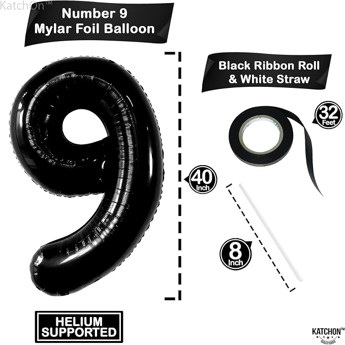 KatchOn Black Number 9 Balloon 40 Inch, Foil 9 Birthday Balloon | 9th Birthday - Image 2
