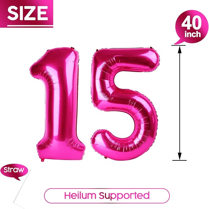 15 Balloon - Hot Pink Birthday Number Balloons, 40 Inch Party Decorations | Hot - Image 5
