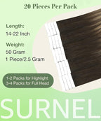 SURNEL 18 inch Tape in Hair Extensions Balayage 2 Dark Brown Fading to 6 and 18 Ash Blonde Tape in Human Hair Extensions 20 pcs 50g(#2/6/18-18)