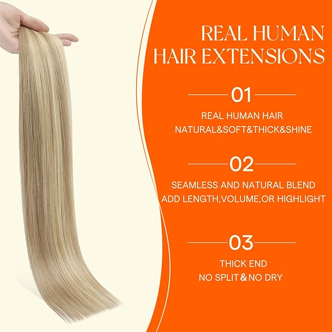 Full Shine Seamless Tape in Hair Extensions 16 Inch Invisible Machine Remy Tape in Extensions Color 16 Golden Blonde Highlight 22 Medium Blonde Injected Hand-Tied Real Human Hair 20 Pcs 40G Soft