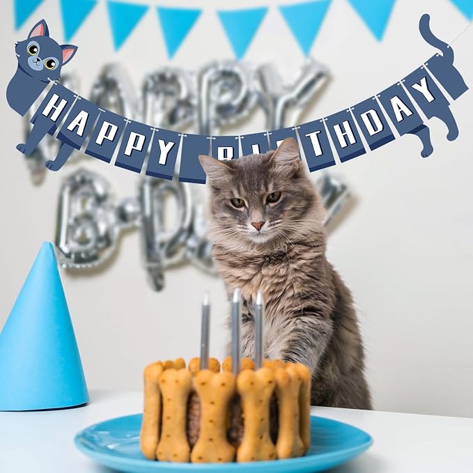 Cat Happy Birthday Banner Blue Cat Banner Bunting Flag Garland Birthday Party - Image 5