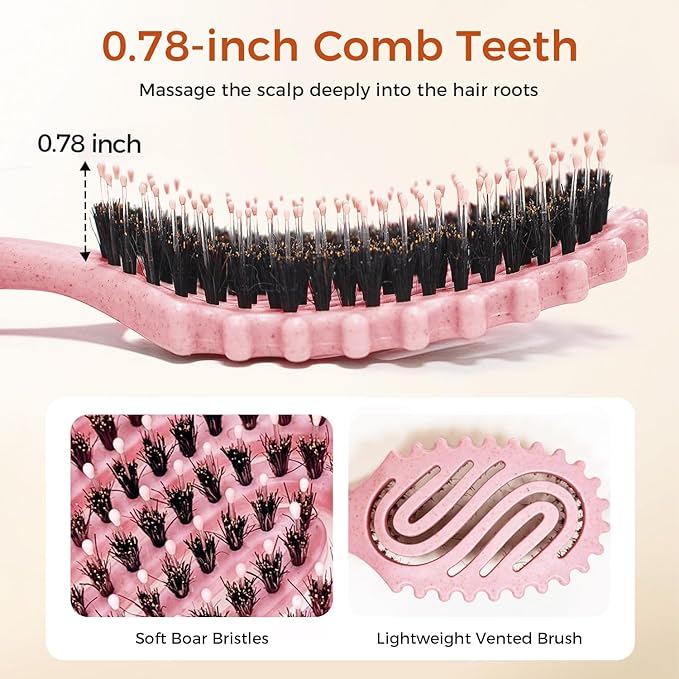 Curly Hair Brush, Curl Defining Brush with Soft Boar Bristles for Combing, Shaping, and Styling Curly Hair Suitable for All Women and Men with Wet & Dry Hair(Pink)
