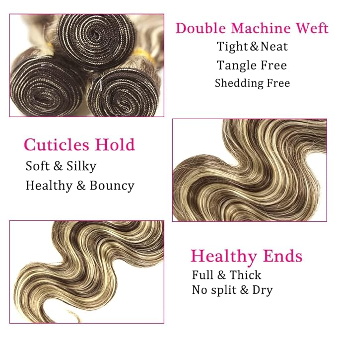 Highlight Bundles Human Hair Blonde Body Wave Bundle Niegmeag Brazilian Virgin Remy Hair 3 Bundles 14 16 18 Inch 2 Tone Blonde and Brown Body Wave Bundle 300g