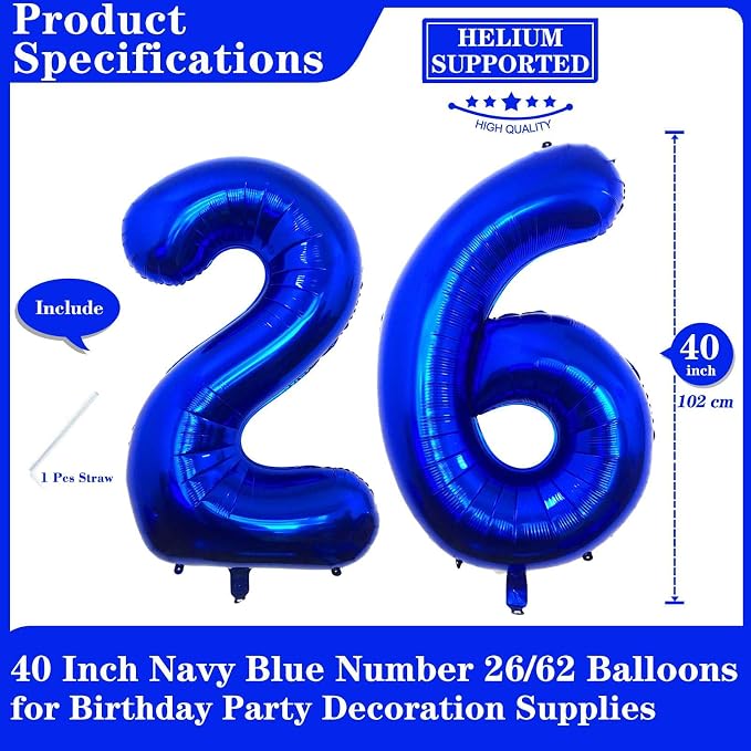 Navy Blue 26 Number Balloons, 40 Inch Giant Number 26 Balloons Foil Mylar - Image 2