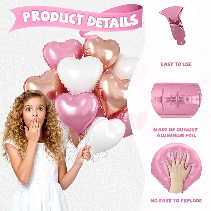 Rose Gold Heart Balloons, 18 Inch Rose Gold and White Foil Balloons Helium - Image 3