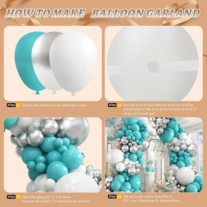412Pcs Teal Silver White Balloon Garland Arch Kit, 18 12 10 5 Inch Different - Image 3