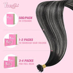 YoungSee K Tip Hair Extensions Real Human Hair Ombre K Tip Extensions Natural Black Roots to Silver Grey Balayage Keratin Tip Hair Extensions Human Hair Pre Bonded 50g 20inch 50s