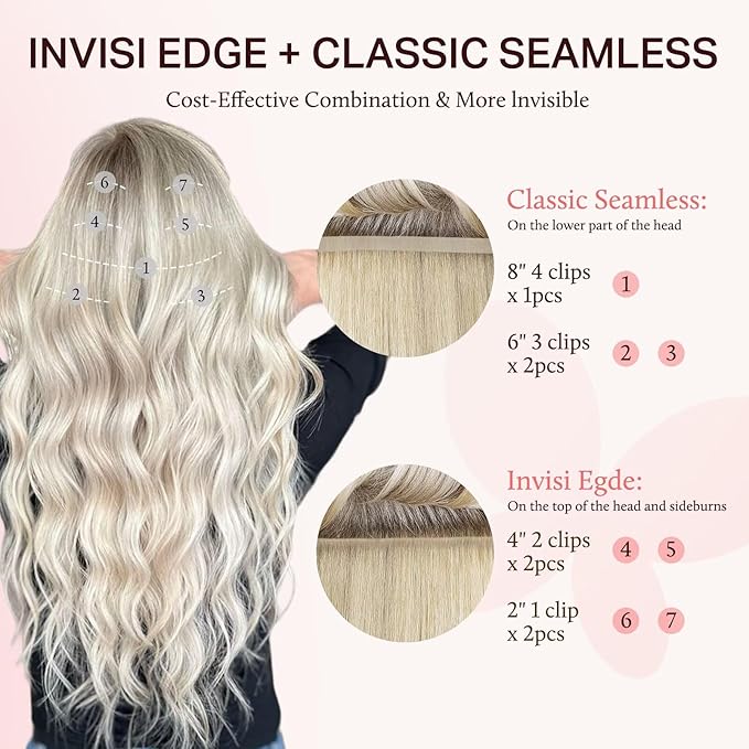 DOORES Clip in Hair Extensions Set 18 Inch 130g, 4pcs Invisi Edge Clip ins and 3pcs Classic Seamless Clip ins, Injected Virgin Real Human Hair Extensions Natural Invisible Straight, #1