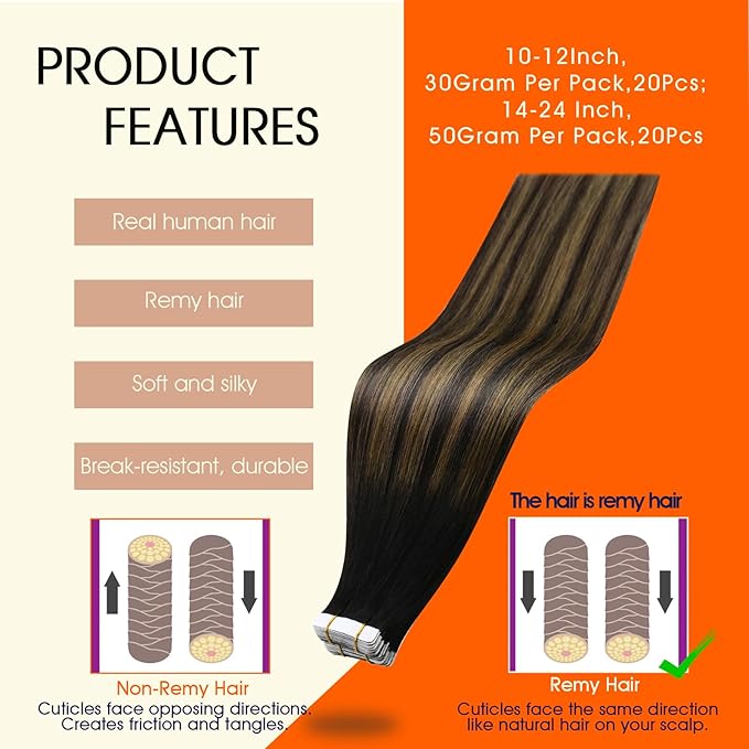 Full Shine Black Hair Extensions Color 1B Black Ombre 6 Brown And 1B Tape in Hair Extensions Human Hair 22Inch 100G Remy Seamless Skin Weft Invisible Extension for Bridal Hairstyles 40Pcs