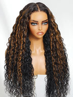 Julia Hair Ombre Brown Water Wave Glueless Wig Human Hair 7x5 HD Lace Closure with Invisible Drawstring Pre Plucked Bleached Highlight Balayage Colored Curly Wigs Put On And Go 22 Inch