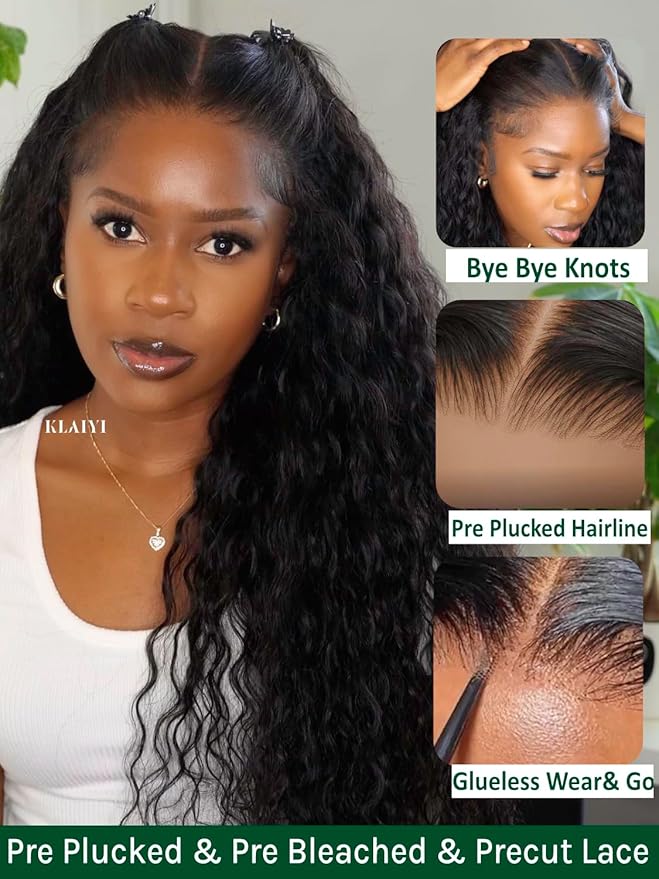 KLAIYI Water Wave Pre Cut 360 Full Lace Frontal Glueless Wig Human Hair Drawstring Pre Plucked Bleached Bye Bye Knots Pre Everything Ready to Wear And Go Curly Beginner Wig with Baby Hair 180% 26Inch