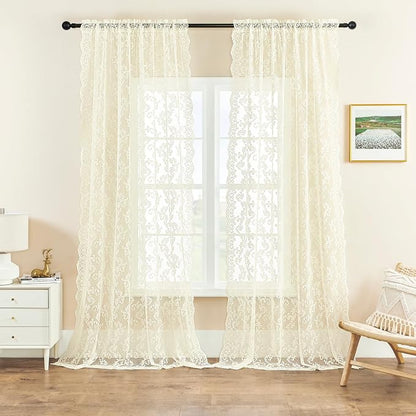 Cream Lace Curtains 102 Inches Long 2 Panels Paisley Floral Lace Sheer Curtains by FOLKSIDEHomeDecoration