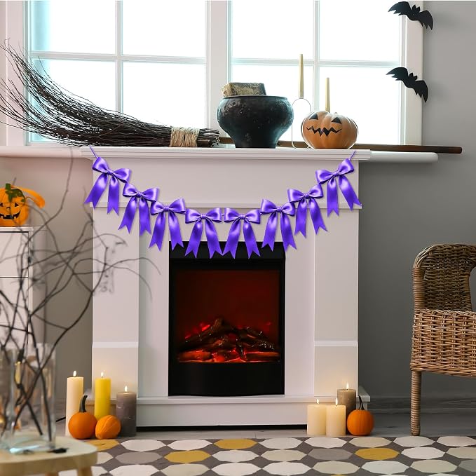 1 String of 8PCS Purple Bow Garland Banner Decoration, Pre-Strung Satin Ribbon - Image 5