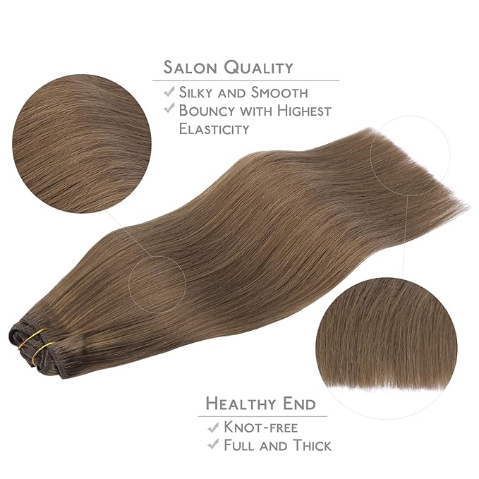 WENNALIFE Clip in Hair Extensions Real Human Hair, 14 Inch 120g 7pcs Remy Hair, Light Ash Brown Straight Natural Coloured Extensiones De Cabello Humano Con Clip Ins