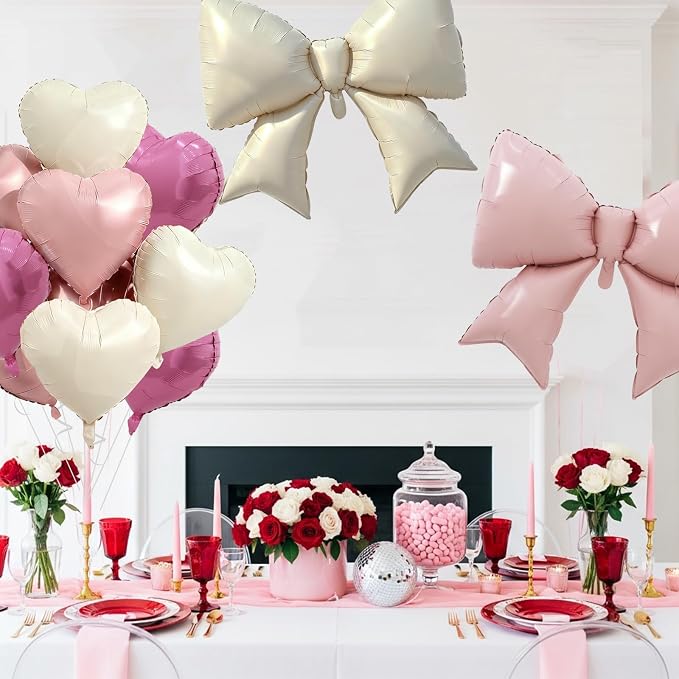 Vuzvuv Pink White Bow Heart Balloons Set, Anniversary, Bridal Shower（Mix Colors） - Image 5