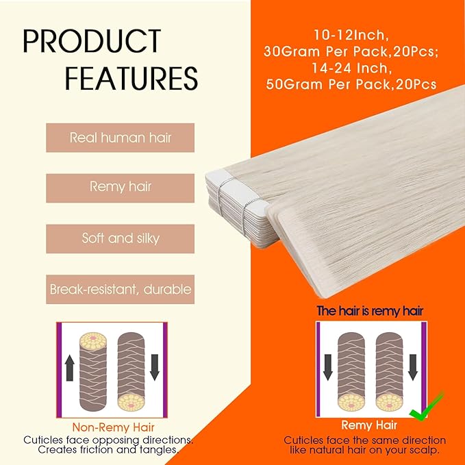 Full Shine Remy Human Hair Extensions Tape in Color Blonde Injection Human Hair Tape in Extensions Double Sided Long lasting Adhesive Brazilian Natural Skin Weft 24Inch 50G 20Pcs Add Length