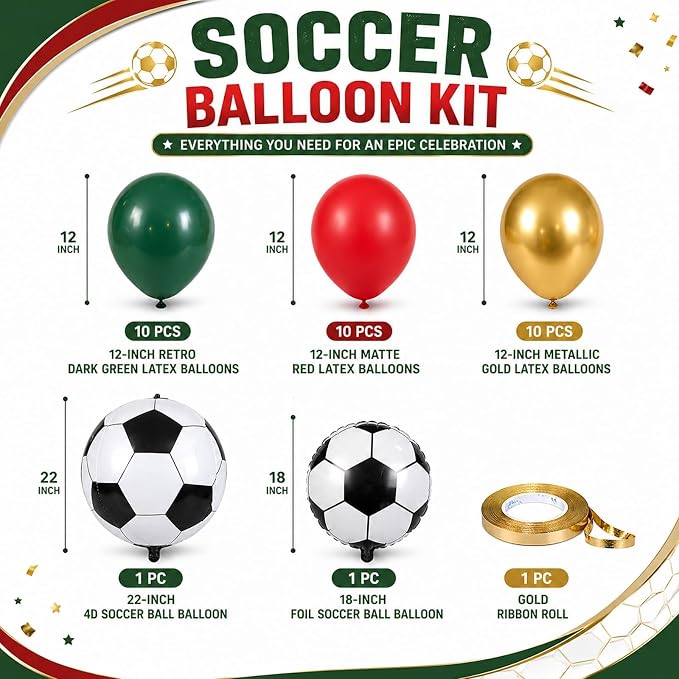Soccer Balloons, Dark Green Red and Gold Football Theme Balloons - Image 2